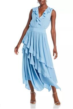 RAMY BROOK WOMENS SIZE SMALL HADLEE RUFFLE MIDI OCCASION DRESS BLUE NEW